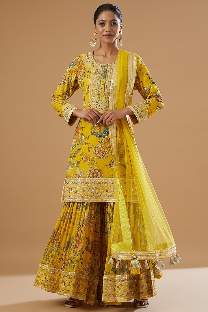 Yellow Georgette Printed Sharara Set by Simar Dugal