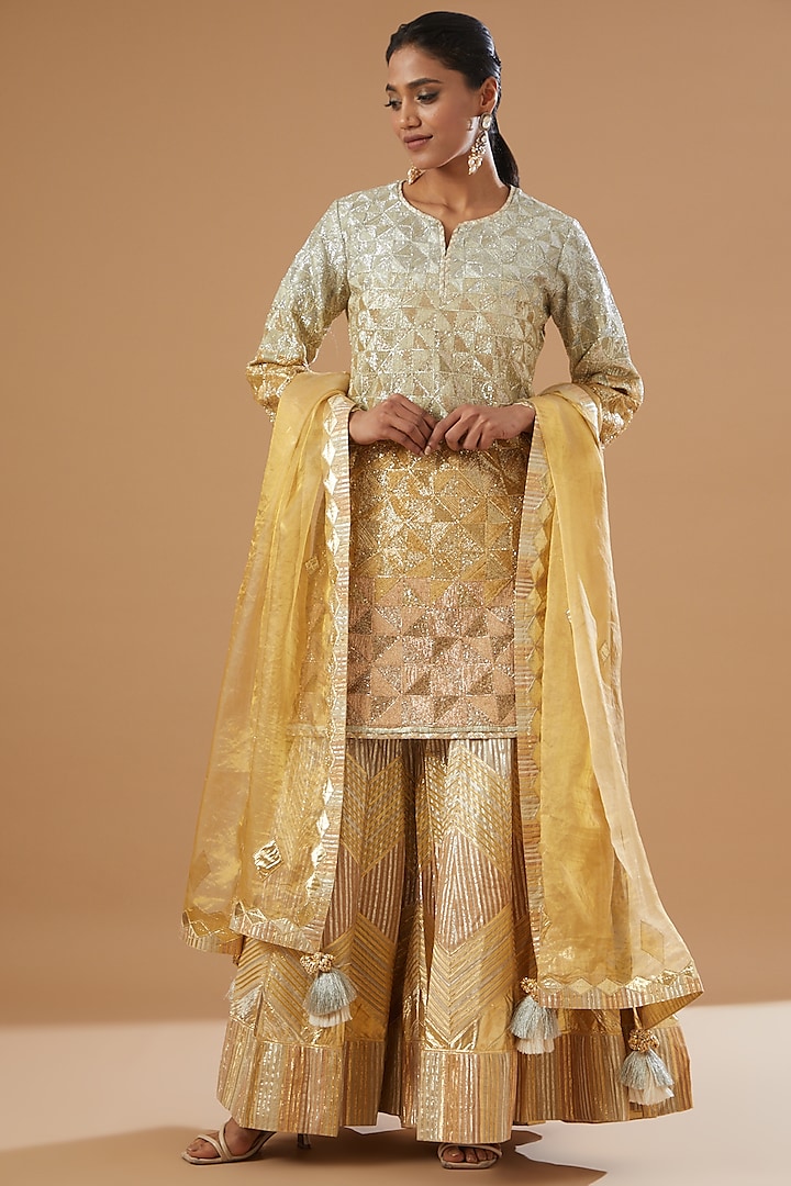 Yellow Chanderi Sharara Set by Simar Dugal