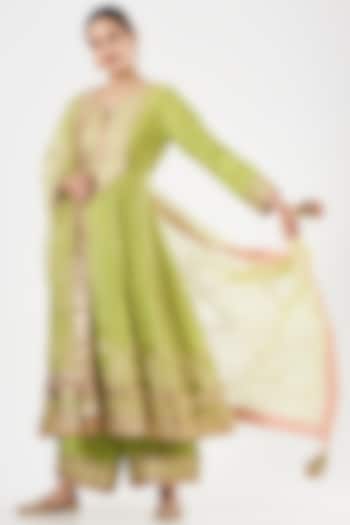 Lime Green Cotton Silk Sharara Set by Simar Dugal