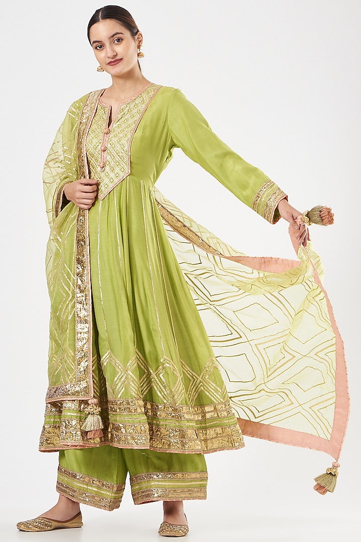 Lime Green Cotton Silk Sharara Set by Simar Dugal