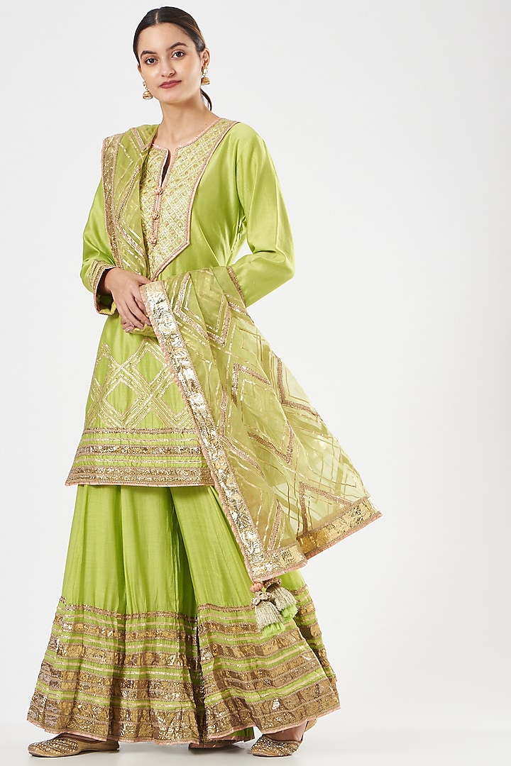 Lime Green Embroidered Sharara Set by Simar Dugal