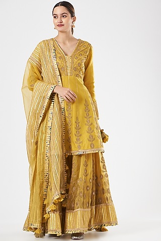 Mustard Chanderi Striped Sharara Set by Simar Dugal