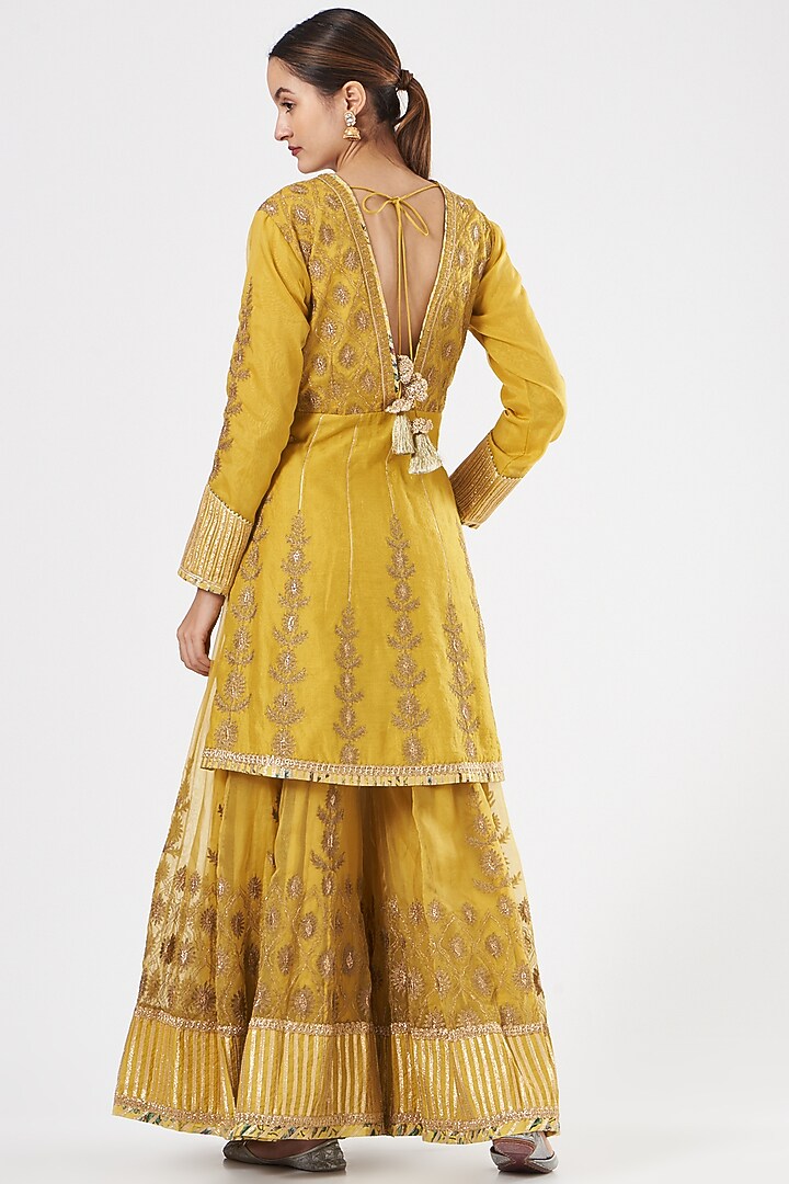 Mustard Chanderi Striped Wedding Sharara Set by Simar Dugal at Pernia's Pop Up Shop