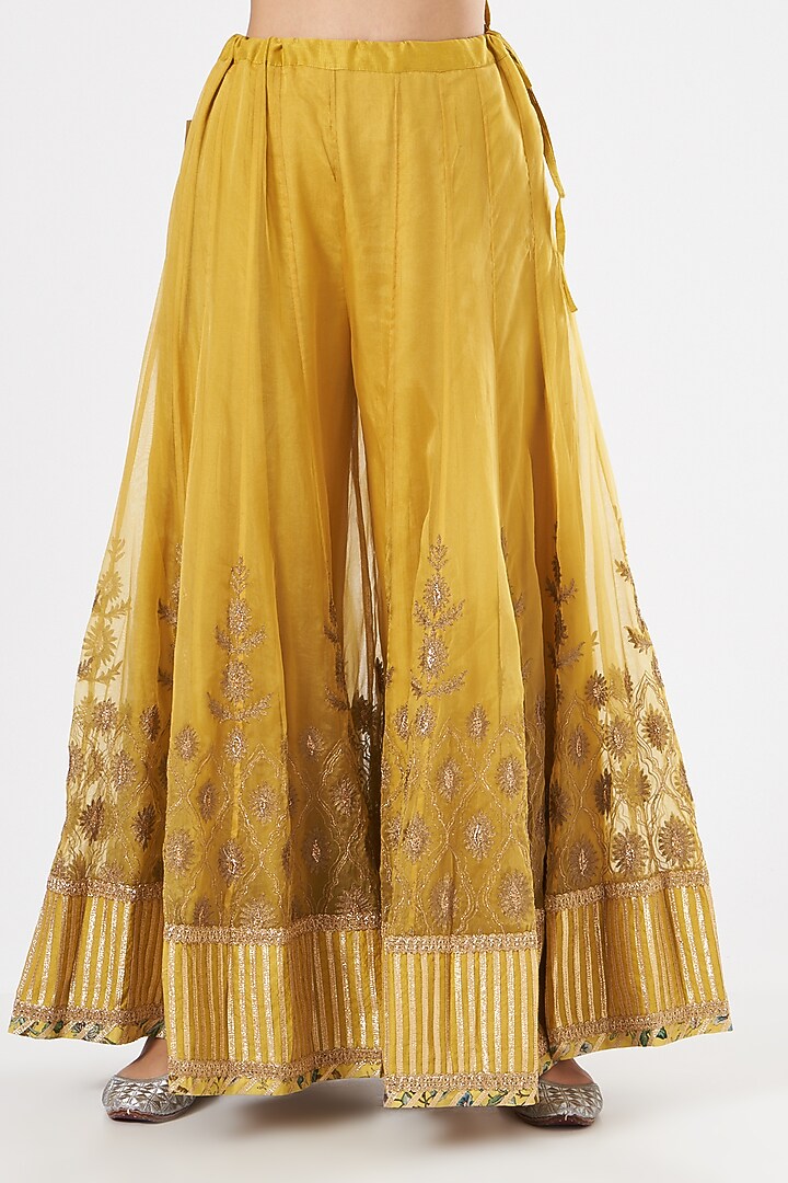 Mustard Chanderi Striped Wedding Sharara Set by Simar Dugal at Pernia's Pop Up Shop