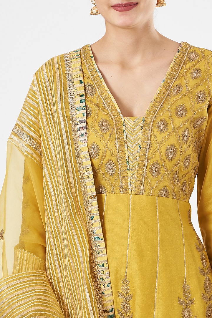 Mustard Chanderi Striped Wedding Sharara Set by Simar Dugal at Pernia's Pop Up Shop