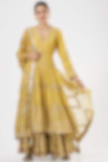 Yellow Embroidered Sharara Set by Simar Dugal