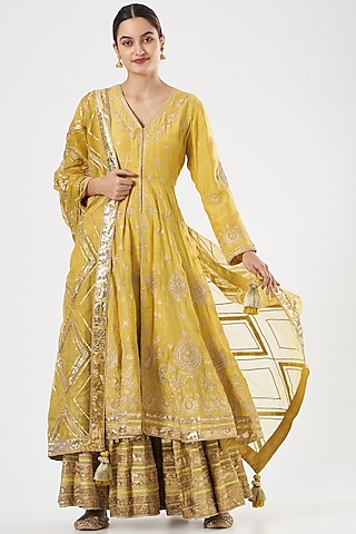 Yellow Embroidered Sharara Set by Simar Dugal