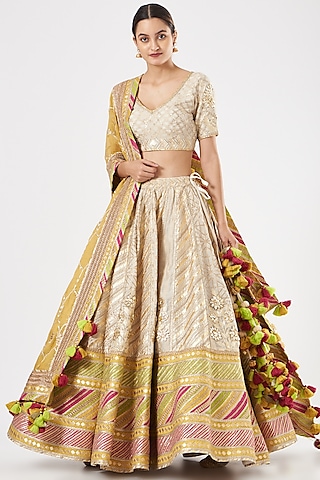 Beige Embroidered Lehenga Set by Simar Dugal
