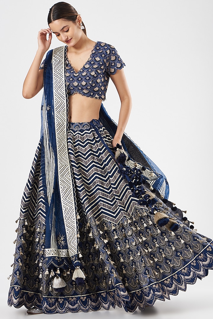 Navy Blue Embroidered Bridal Lehenga Set by Simar Dugal at Pernia's Pop Up Shop