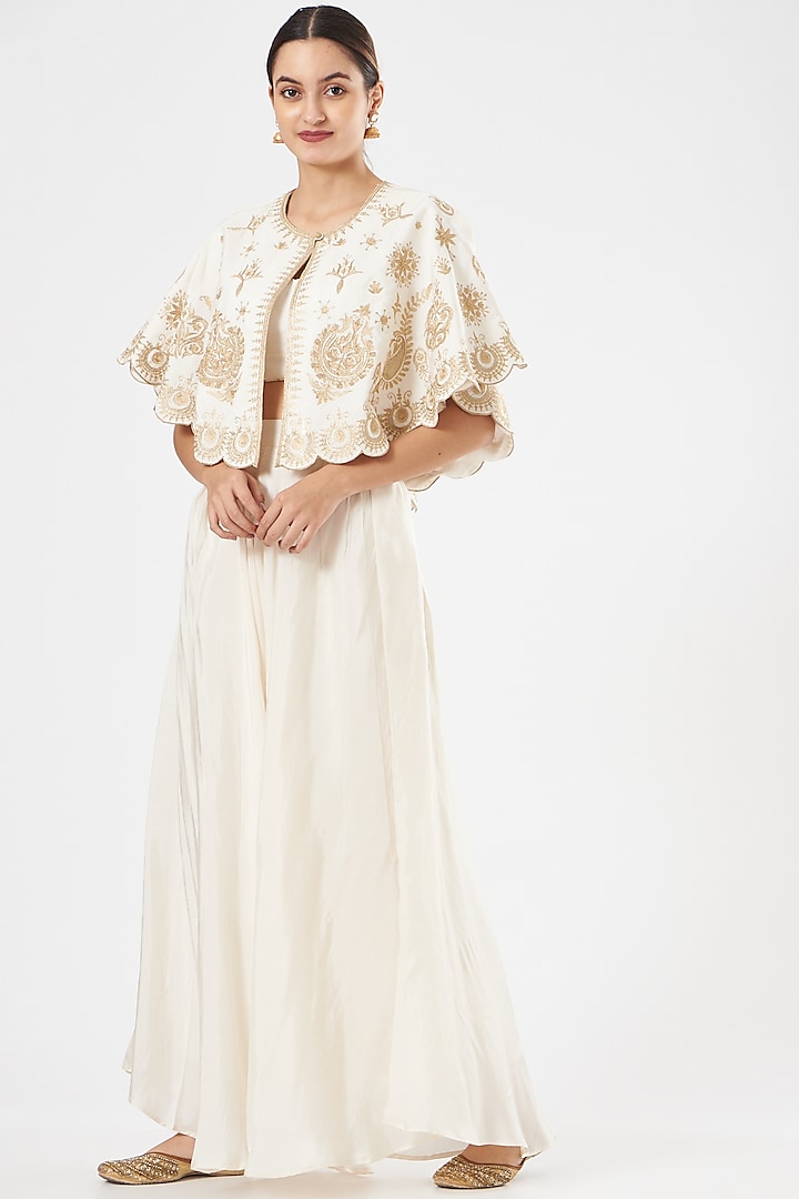 Ivory Embroidered Cape Set by Simar Dugal