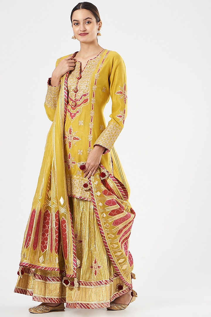 Yellow Chanderi Stripe Sharara Set by Simar Dugal
