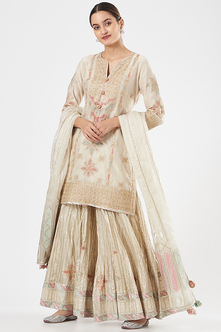 Ivory Embroidered Sharara Set by Simar Dugal