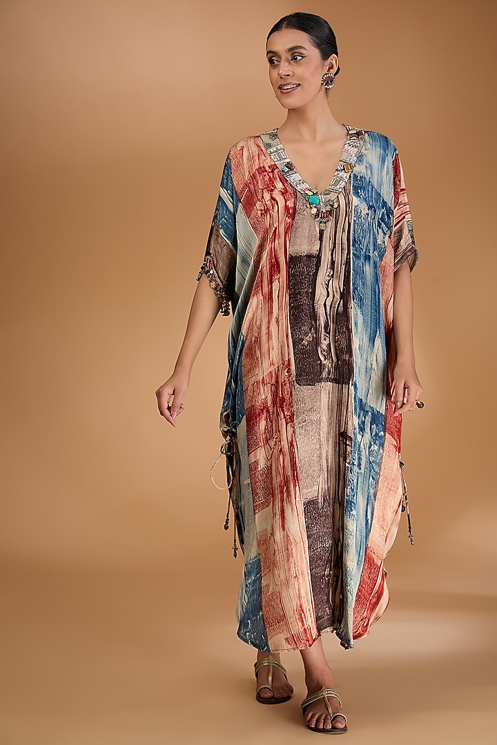 Multi-Colored Modal Satin Ajrakh Hand Printed & Hand Embellished Kaftan by Simar Dugal at Pernia's Pop Up Shop