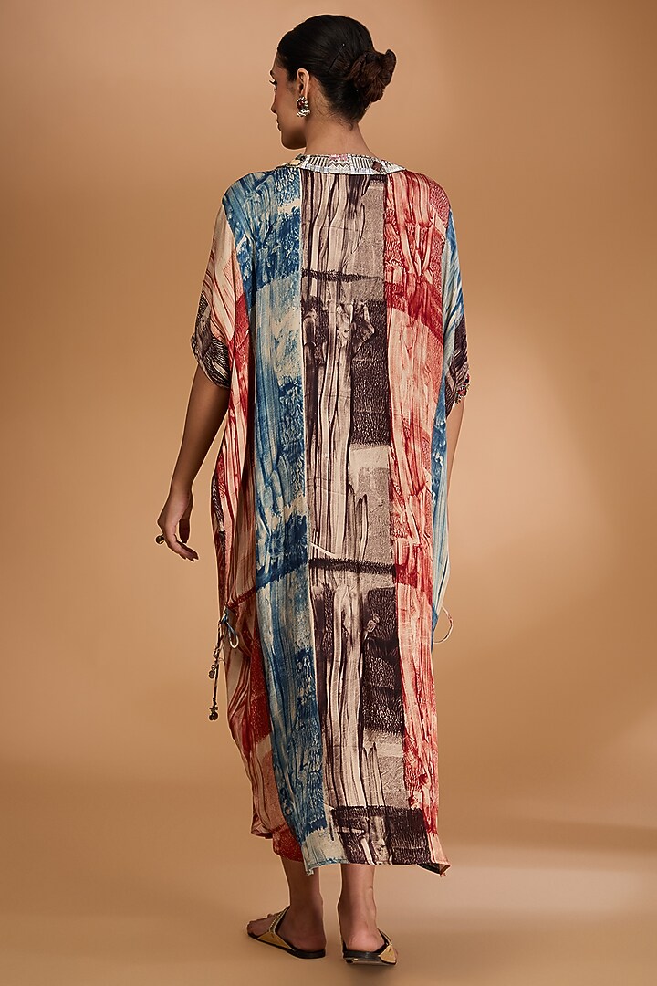Multi-Colored Modal Satin Ajrakh Hand Printed & Hand Embellished Kaftan by Simar Dugal at Pernia's Pop Up Shop