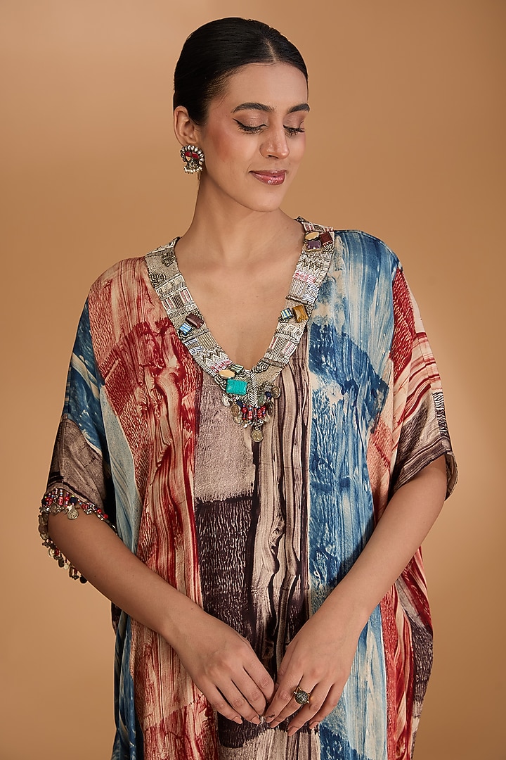 Multi-Colored Modal Satin Ajrakh Hand Printed & Hand Embellished Kaftan by Simar Dugal at Pernia's Pop Up Shop