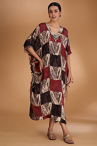 Red Modal Satin Ajrakh Hand Printed & Hand Embellished Kaftan by Simar Dugal