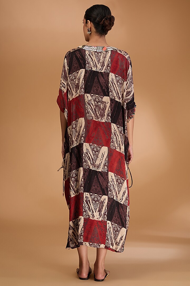 Red Modal Satin Ajrakh Hand Printed & Hand Embellished Kaftan by Simar Dugal at Pernia's Pop Up Shop
