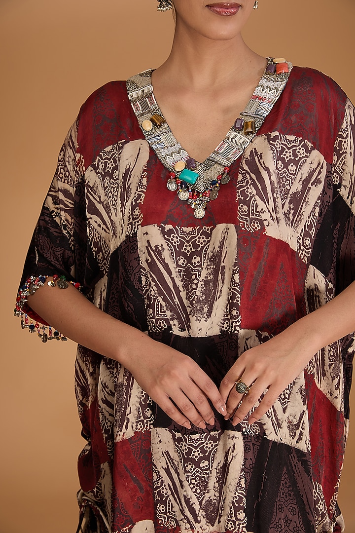 Red Modal Satin Ajrakh Hand Printed & Hand Embellished Kaftan by Simar Dugal at Pernia's Pop Up Shop
