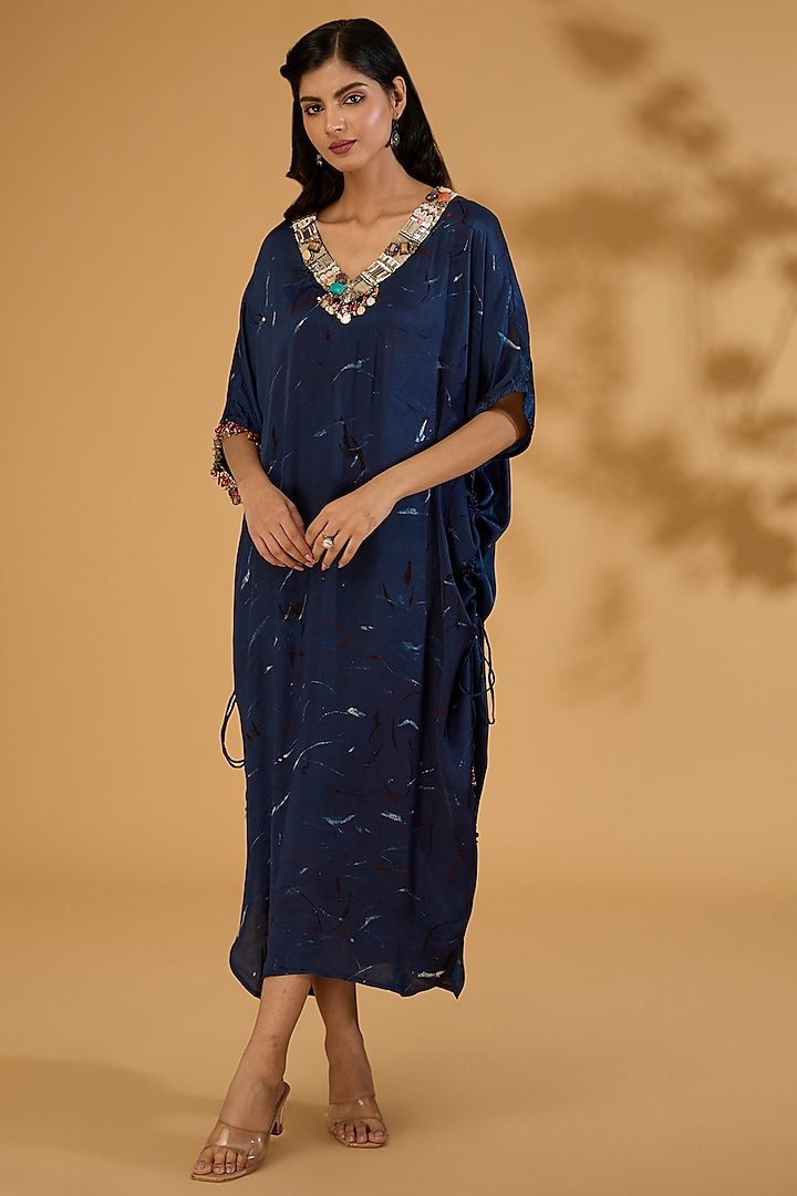 Blue Modal Satin Ajrakh Hand Printed & Hand Embellished Kaftan by Simar Dugal at Pernia's Pop Up Shop