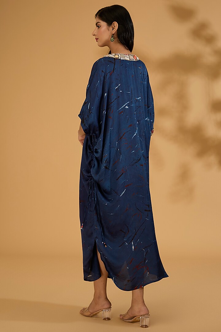 Blue Modal Satin Ajrakh Hand Printed & Hand Embellished Kaftan by Simar Dugal at Pernia's Pop Up Shop