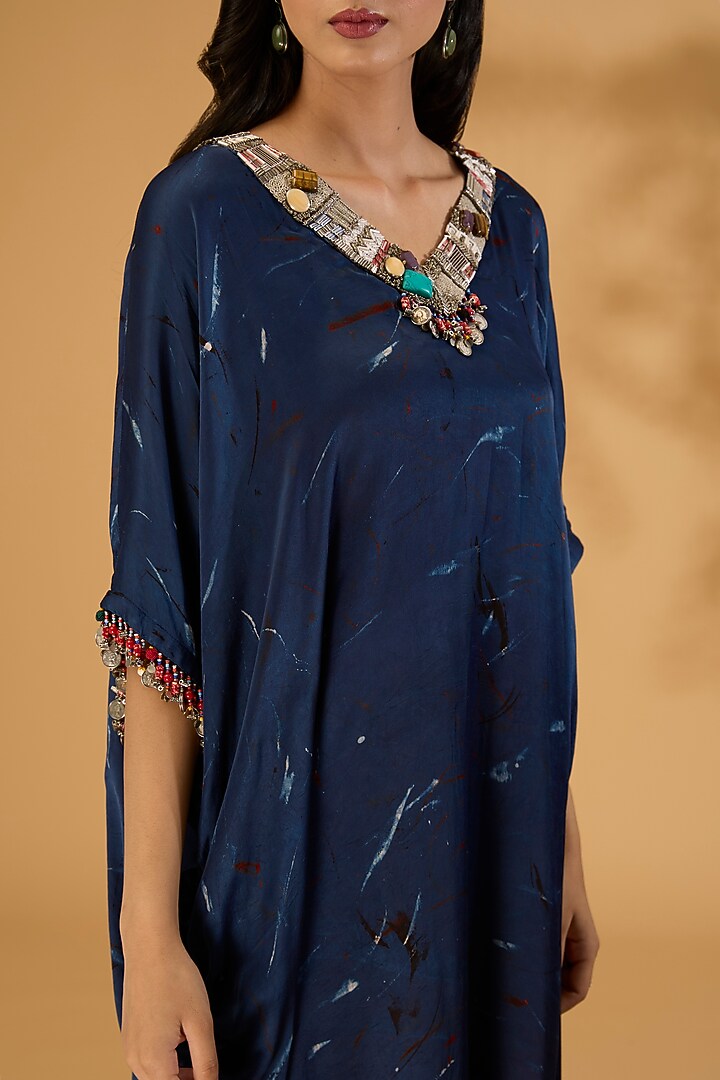 Blue Modal Satin Ajrakh Hand Printed & Hand Embellished Kaftan by Simar Dugal at Pernia's Pop Up Shop
