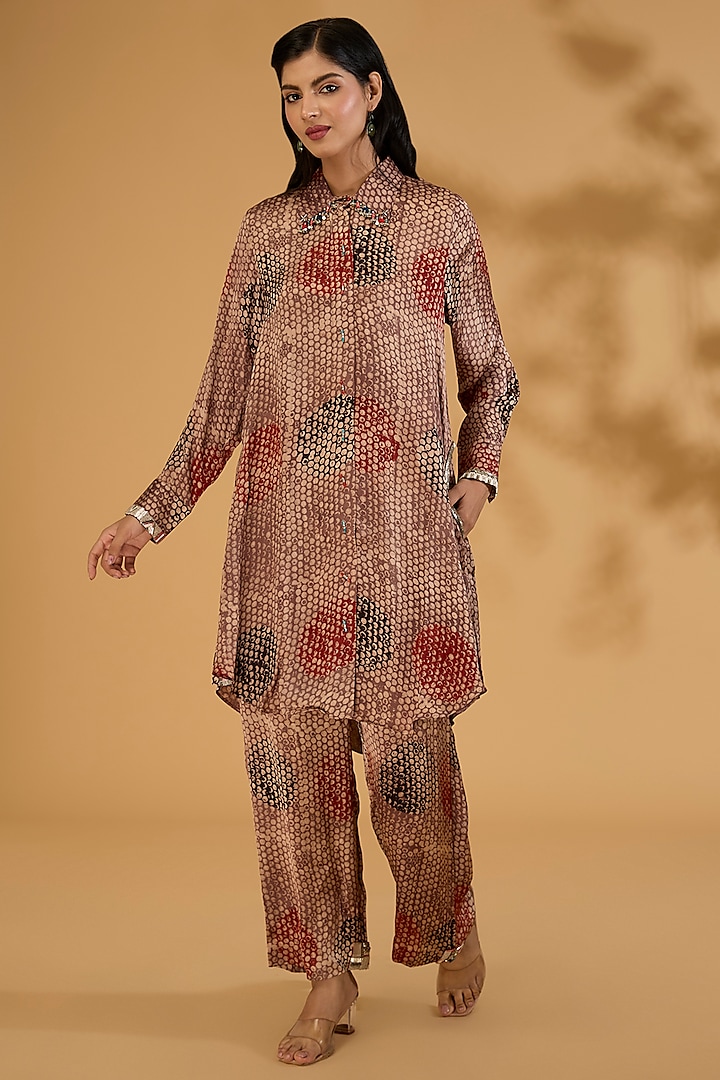 Beige Modal Satin Ajrakh Hand Printed & Hand Embroidered Co-Ord Set by Simar Dugal at Pernia's Pop Up Shop