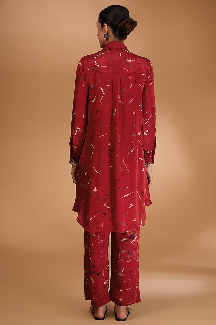 Red Modal Satin Ajrakh Hand Printed Hand Embroidered Co-Ord Set