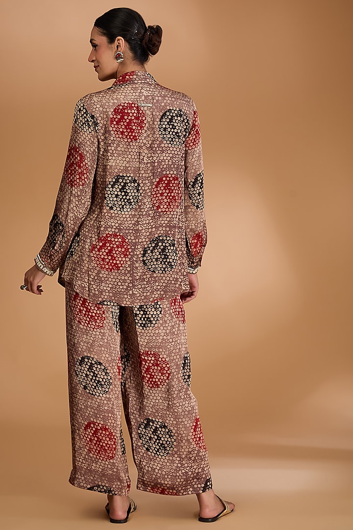 Beige Modal Satin Ajrakh Hand Printed Co-Ord Set by Simar Dugal at Pernia's Pop Up Shop