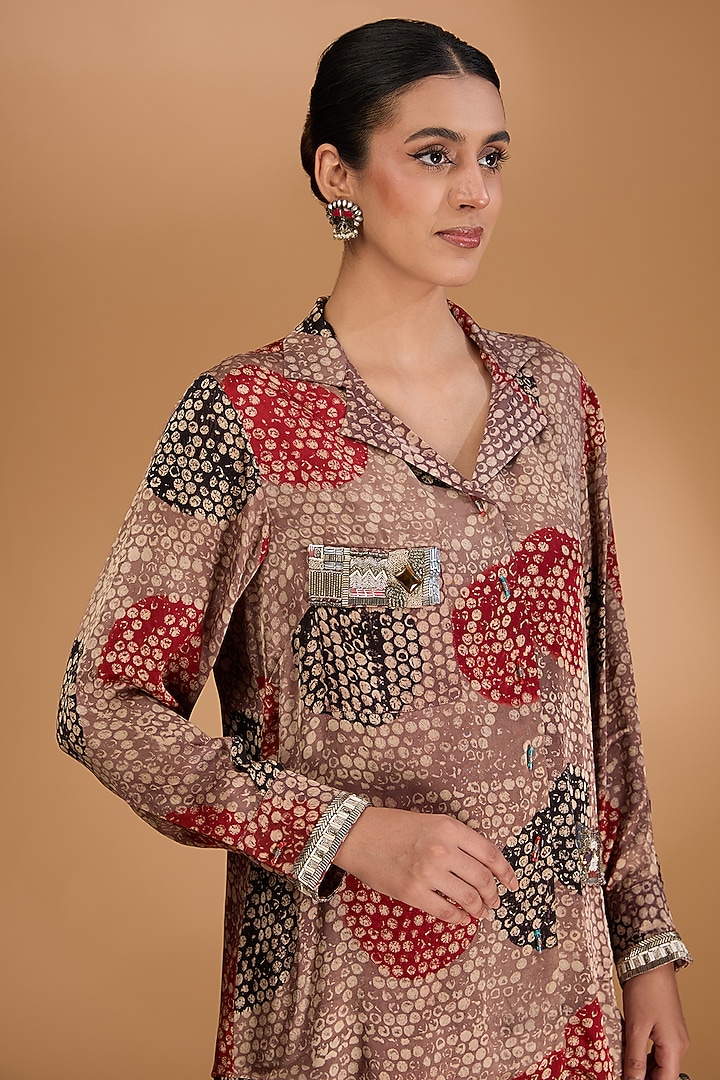 Beige Modal Satin Ajrakh Hand Printed Co-Ord Set by Simar Dugal at Pernia's Pop Up Shop