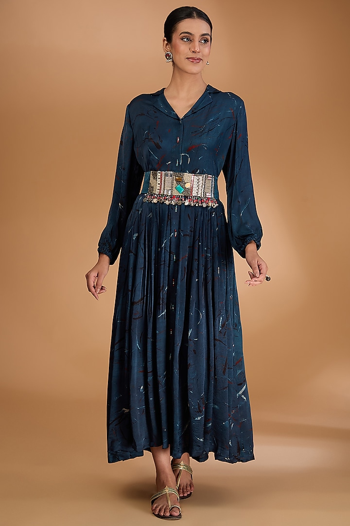 Blue Modal Satin Ajrakh Hand Printed Dress With Belt by Simar Dugal at Pernia's Pop Up Shop