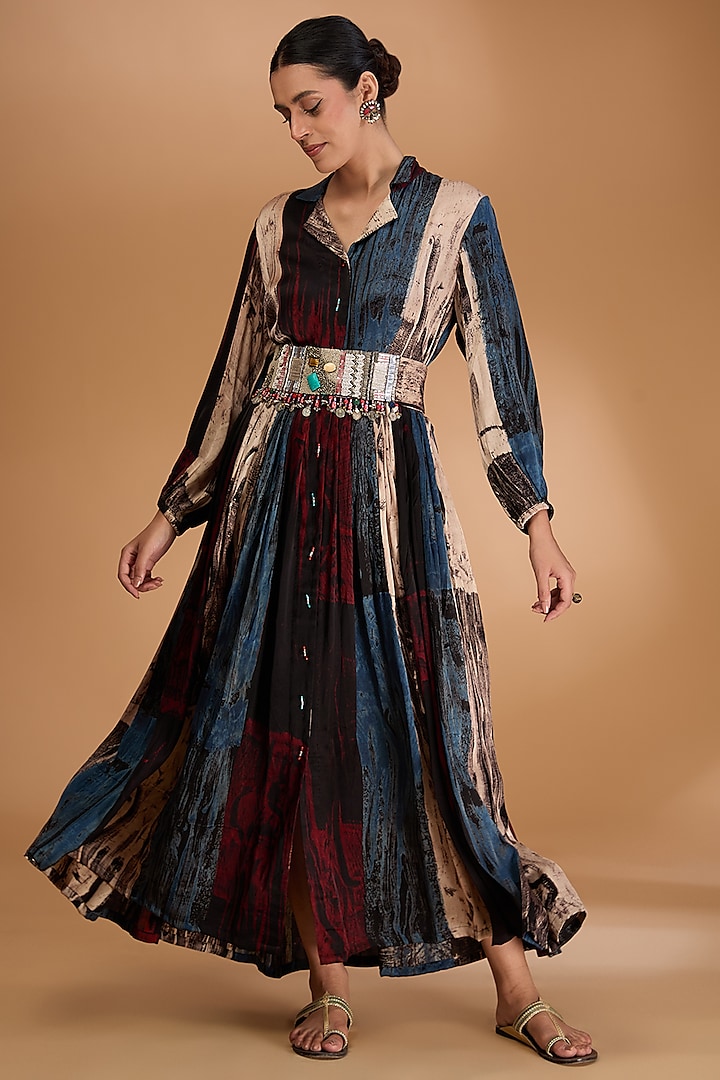 Multi-Colored Modal Satin Ajrakh Hand Printed Dress With Belt by Simar Dugal at Pernia's Pop Up Shop