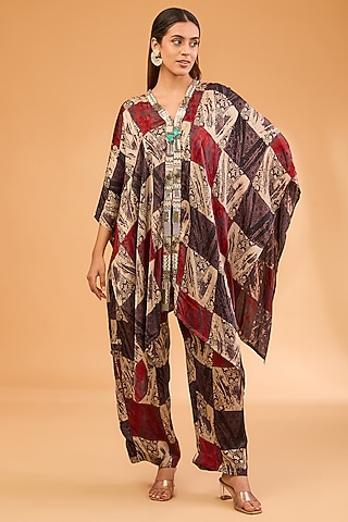 Red Modal Satin Ajrakh Hand Printed & Embroidered Kaftan Set by Simar Dugal