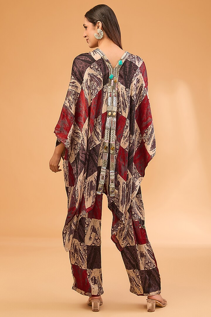 Red Modal Satin Ajrakh Hand Printed & Embroidered Kaftan Set by Simar Dugal at Pernia's Pop Up Shop