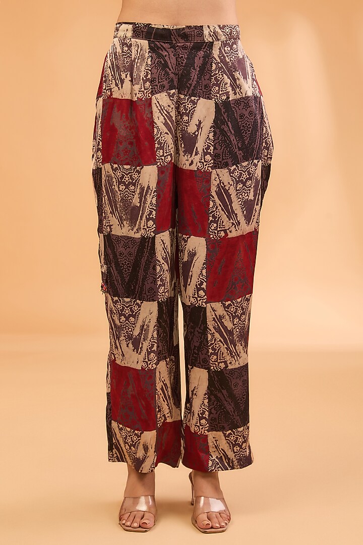 Red Modal Satin Ajrakh Hand Printed & Embroidered Kaftan Set by Simar Dugal at Pernia's Pop Up Shop