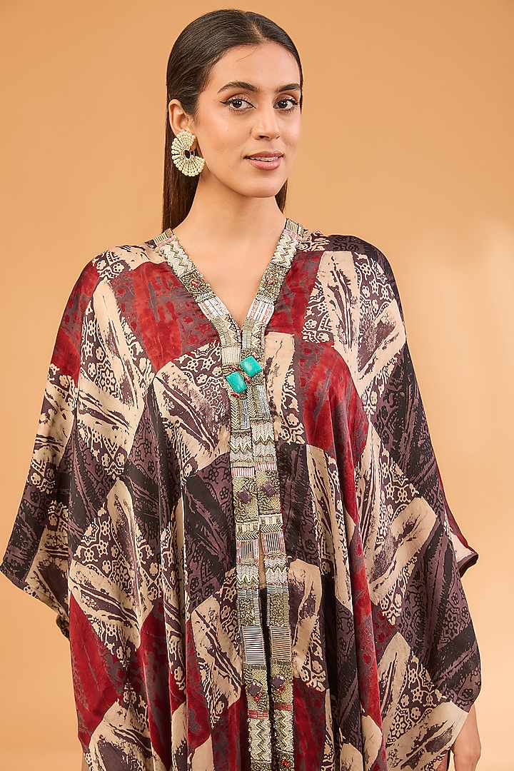 Red Modal Satin Ajrakh Hand Printed & Embroidered Kaftan Set by Simar Dugal at Pernia's Pop Up Shop