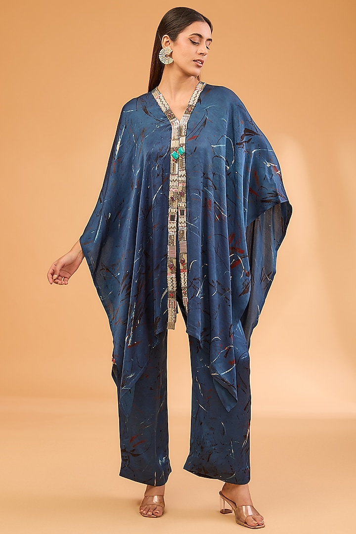 Blue Modal Satin Ajrakh Hand Printed & Embroidered Kaftan Set by Simar Dugal at Pernia's Pop Up Shop