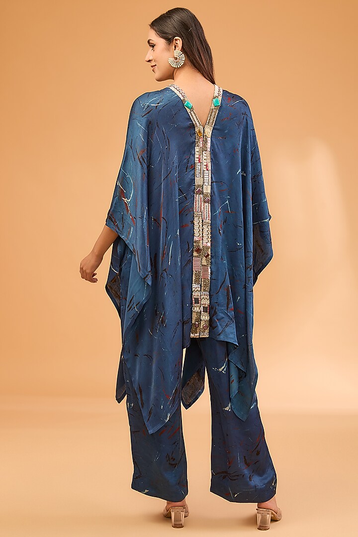 Blue Modal Satin Ajrakh Hand Printed & Embroidered Kaftan Set by Simar Dugal at Pernia's Pop Up Shop