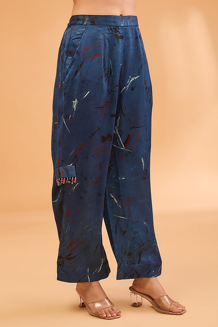 Blue Modal Satin Ajrakh Hand Printed & Embroidered Kaftan Set by Simar Dugal at Pernia's Pop Up Shop