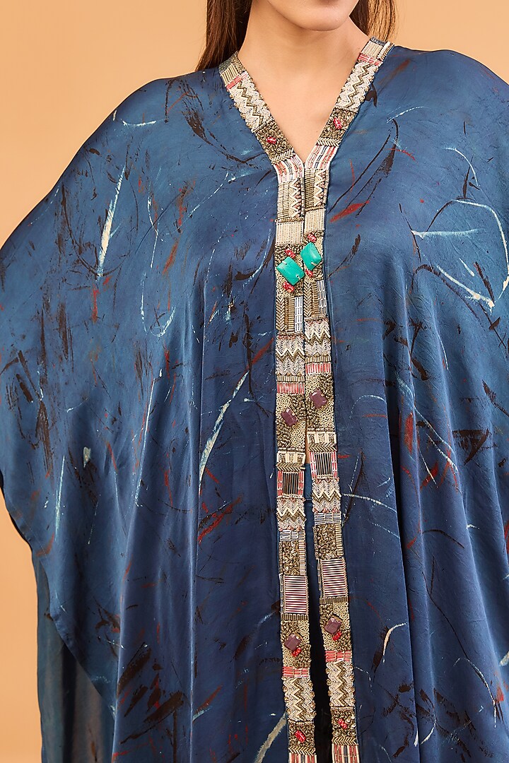 Blue Modal Satin Ajrakh Hand Printed & Embroidered Kaftan Set by Simar Dugal at Pernia's Pop Up Shop