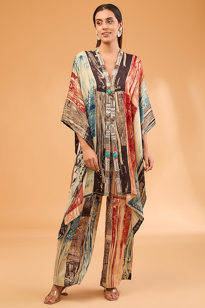 Multi-Colored Modal Satin Ajrakh Hand Printed & Embroidered Kaftan Set by Simar Dugal at Pernia's Pop Up Shop