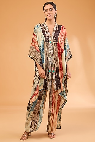 Multi-Colored Modal Satin Ajrakh Hand Printed & Embroidered Kaftan Set by Simar Dugal