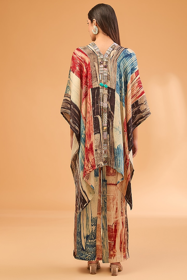 Multi-Colored Modal Satin Ajrakh Hand Printed & Embroidered Kaftan Set by Simar Dugal at Pernia's Pop Up Shop