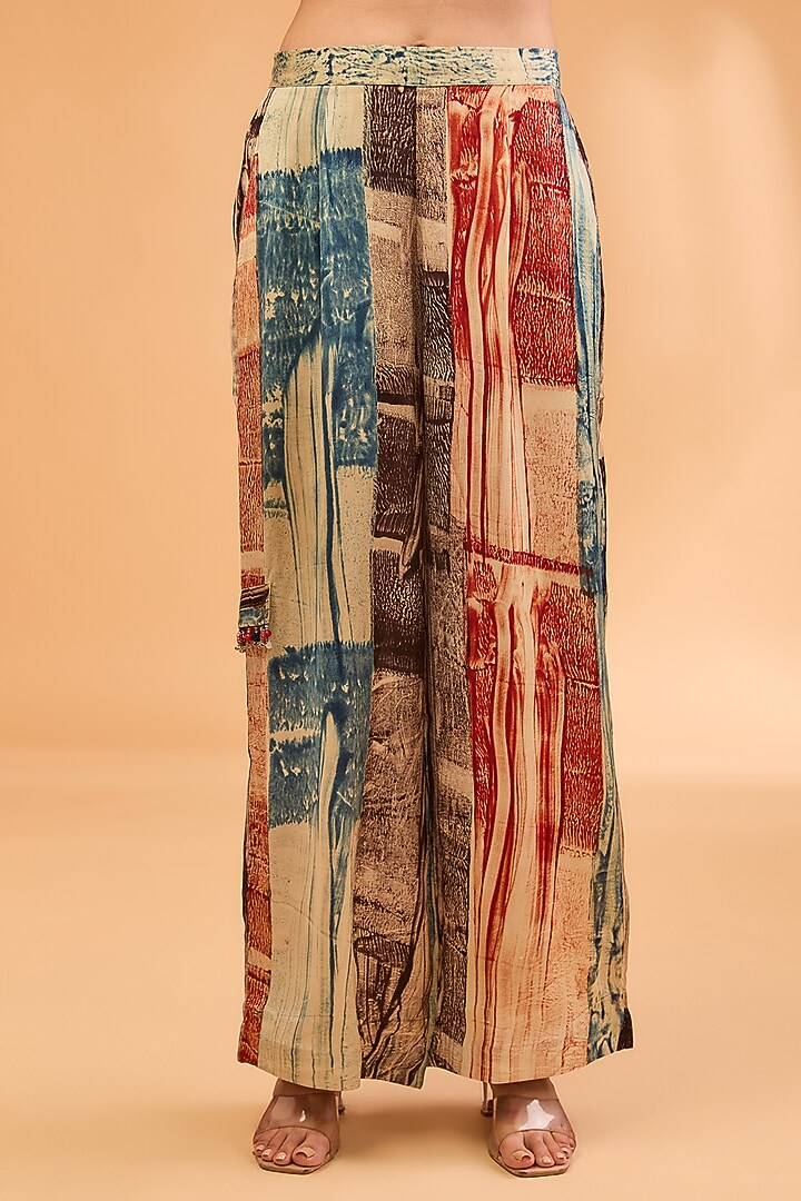 Multi-Colored Modal Satin Ajrakh Hand Printed & Embroidered Kaftan Set by Simar Dugal at Pernia's Pop Up Shop