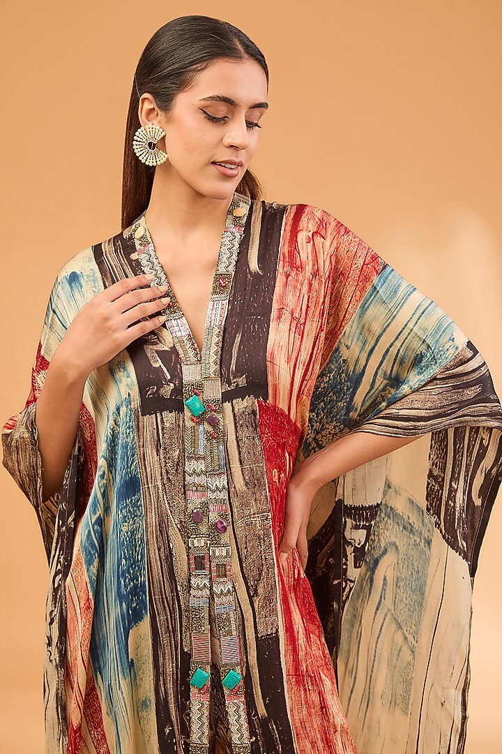 Multi-Colored Modal Satin Ajrakh Hand Printed & Embroidered Kaftan Set by Simar Dugal at Pernia's Pop Up Shop