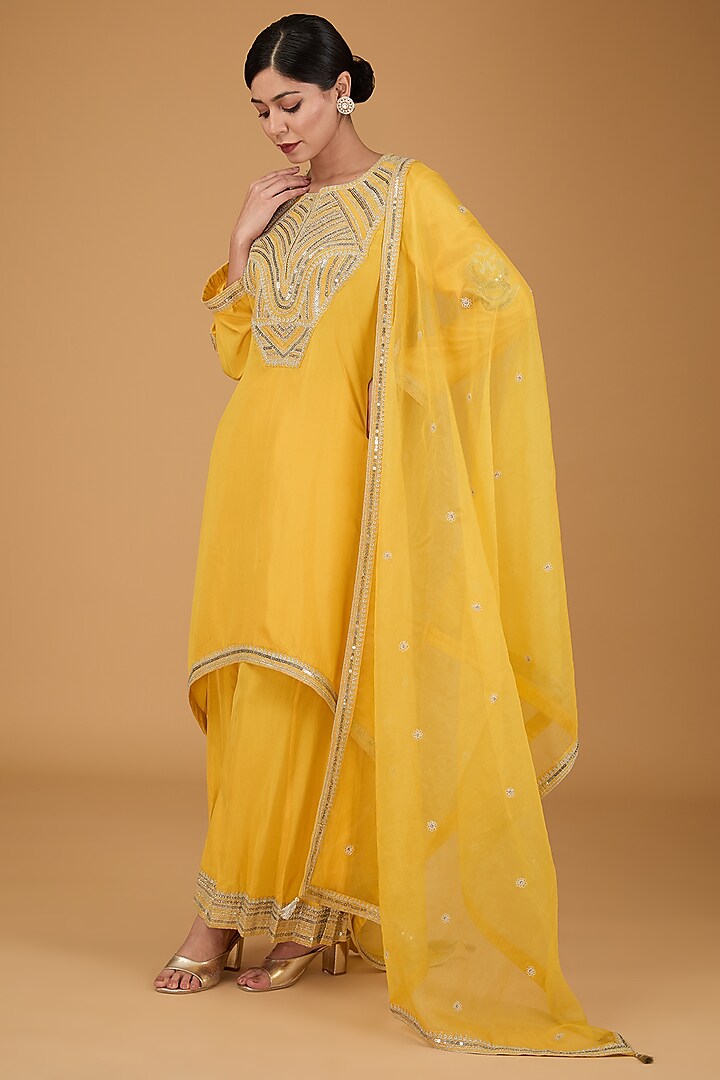 Yellow Habutai Crinkled Sharara Set by Simar Dugal at Pernia's Pop Up Shop