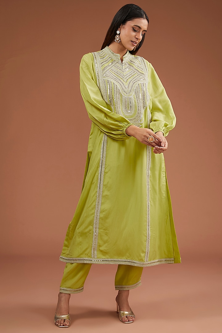 Lime Green Habutai Silver Dori Hand Embroidered Kurta Set by Simar Dugal at Pernia's Pop Up Shop