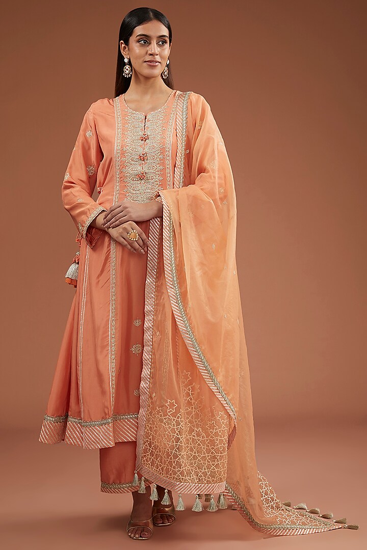 Pastel Orange Habutai Silver Dori Hand Embroidered Kurta Set by Simar Dugal