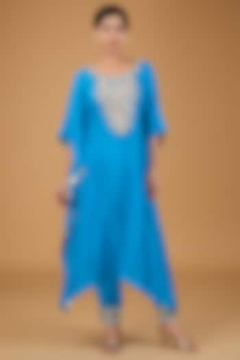 Blue Habutai Silk Hand Embroidered Kaftan Set by Simar Dugal at Pernia's Pop Up Shop