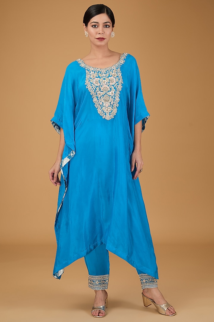Blue Habutai Silk Hand Embroidered Kaftan Set by Simar Dugal at Pernia's Pop Up Shop
