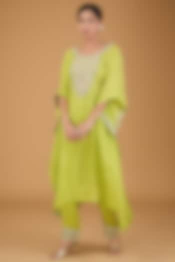 Yellow Habutai Silk Hand Embroidered Kaftan Set by Simar Dugal at Pernia's Pop Up Shop